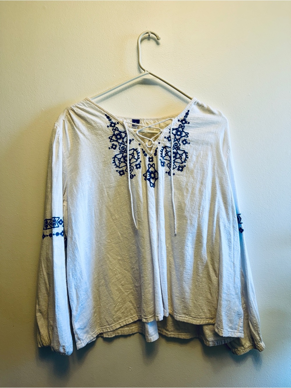 Old Navy White Lace-Up Tunic with Navy Embroidery